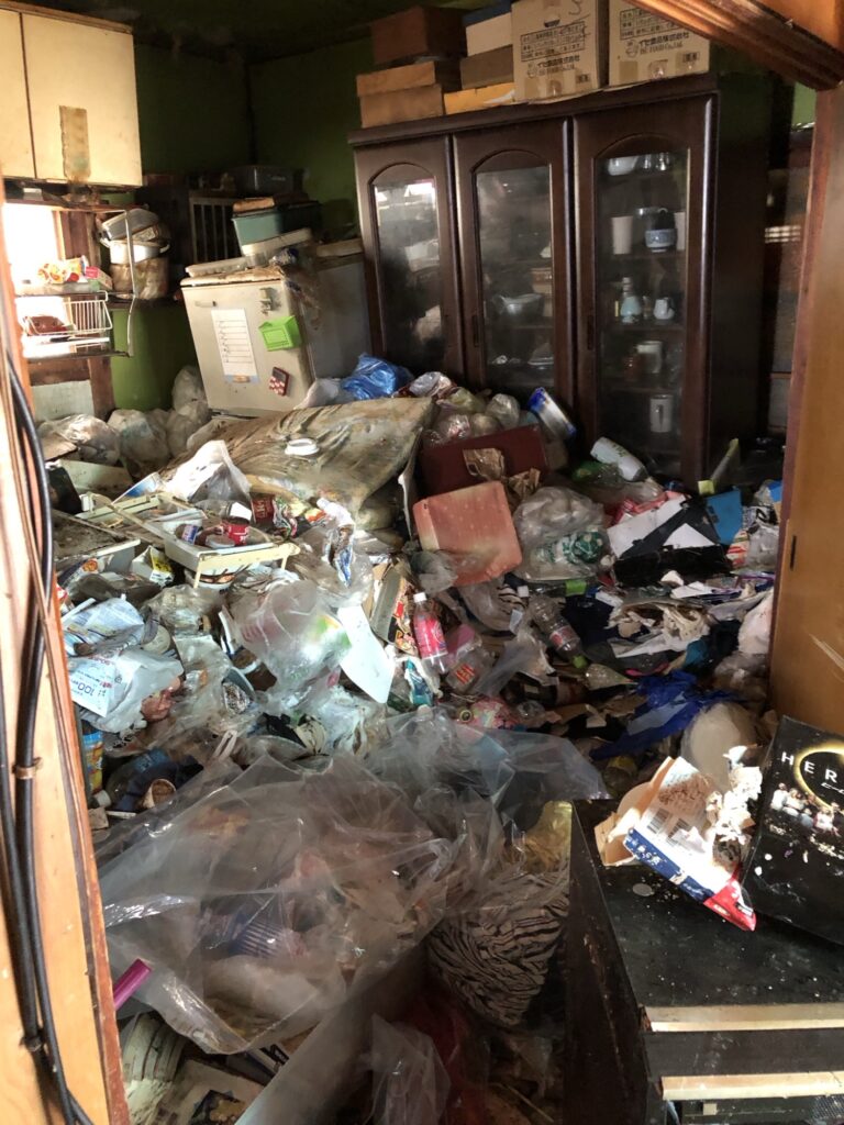 岐阜県笠松町 ゴミ屋敷の片付け 作業前 キッチンにゴミや不用品が溜まった状態